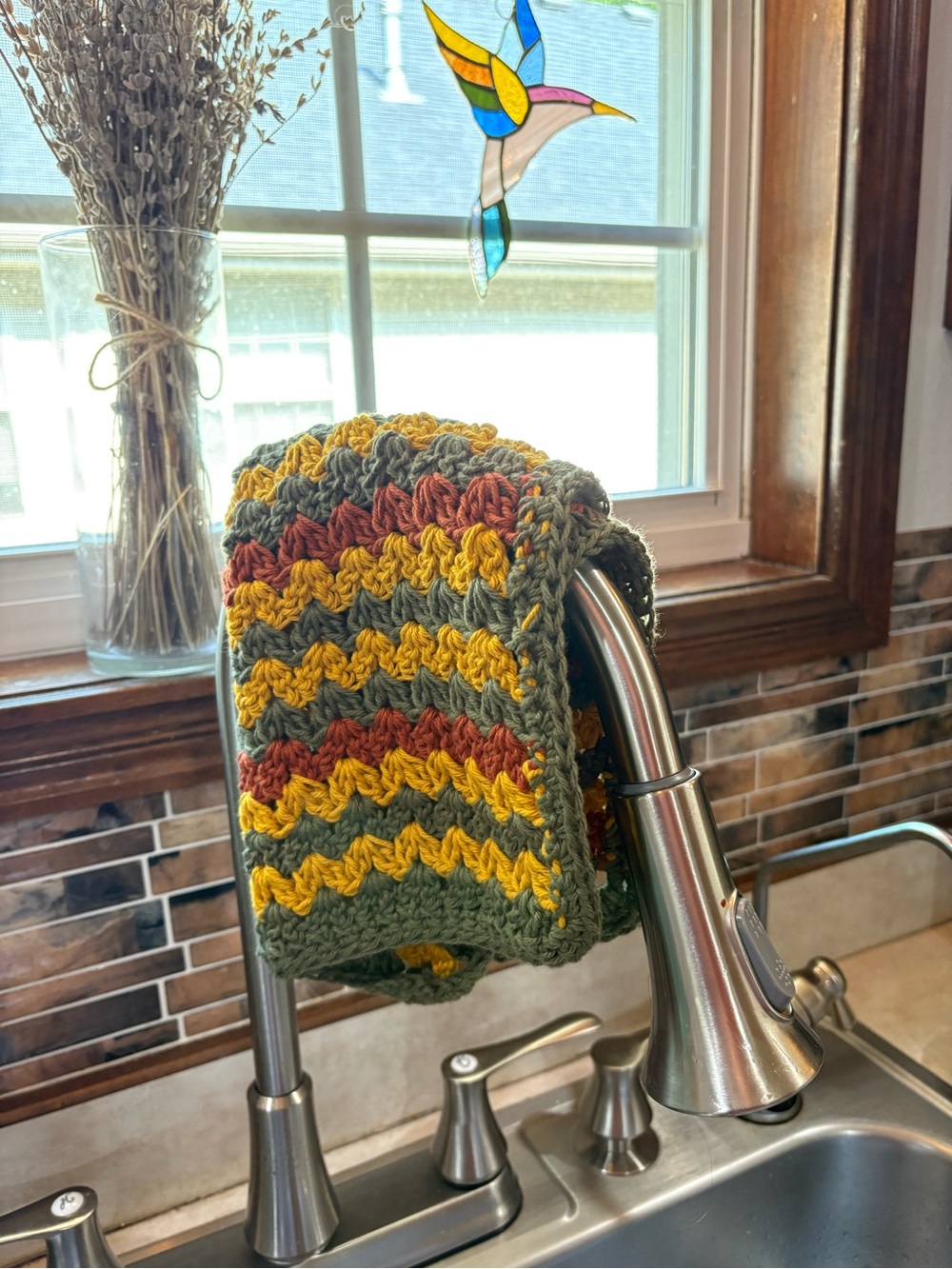 Hand Crafted Crochet Cotton Dish Cloth in Olive Green, Mustard & Rust